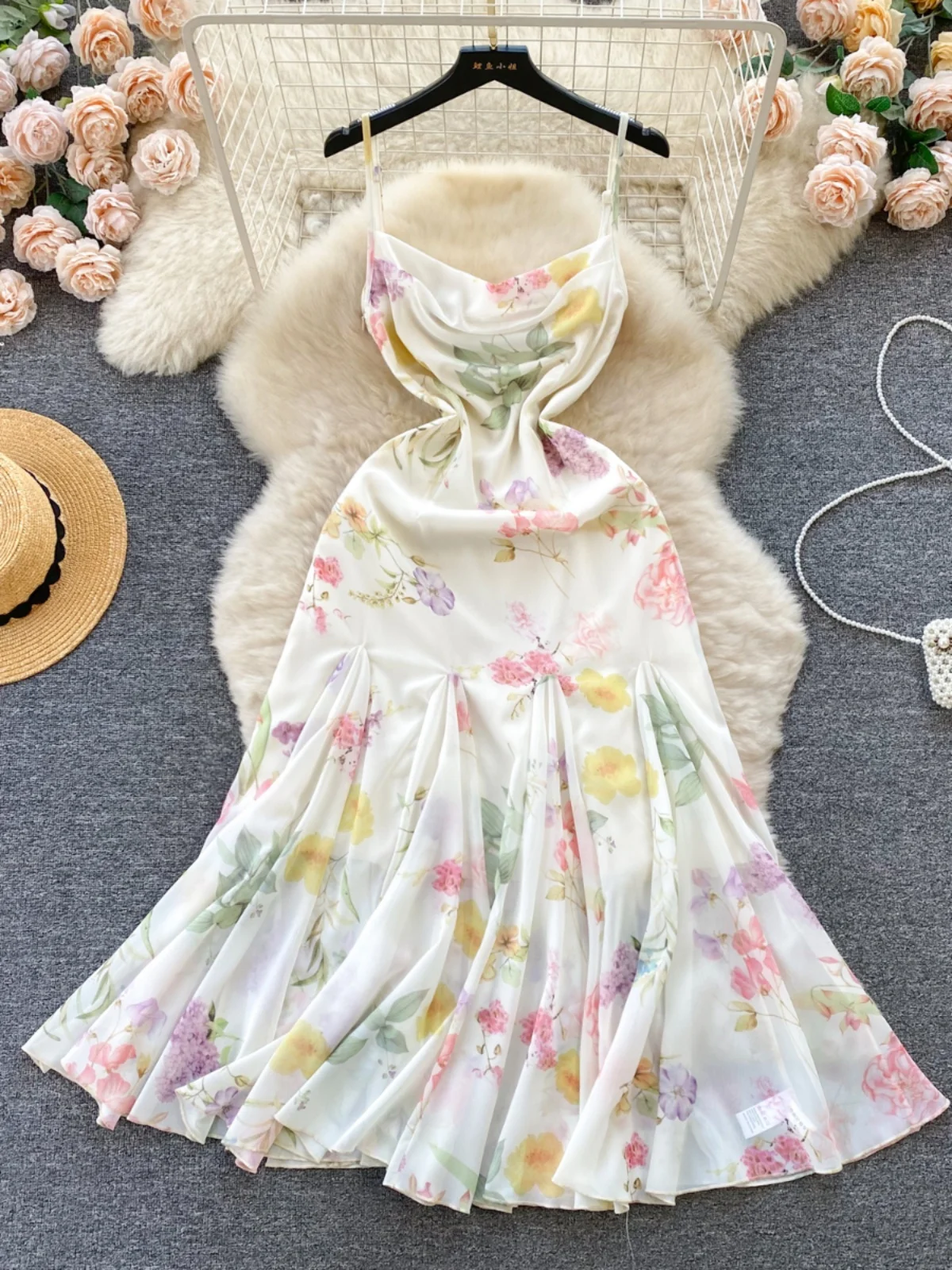 

Summer French Ruffles Spaghetti Strap Dress Women Sexy Swinging Collar Slim Beach Holiday Sundress Lady A-Line Long Dress