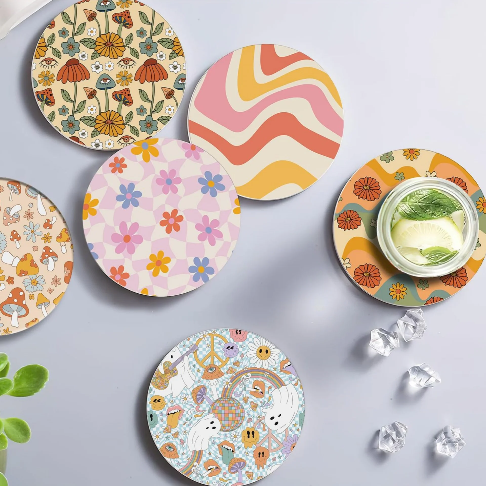 Vintage Ceramic Coasters Colorful Round Waterproof Coaster Cork Non ...