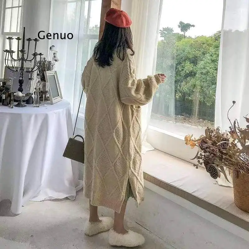 

Элегантный Свободный Повседневный Кардиган для женщин, верхняя одежда с карманами, зимние вязаные куртки в полоску, топы, универсальный длинный свитер, пальто для женщин