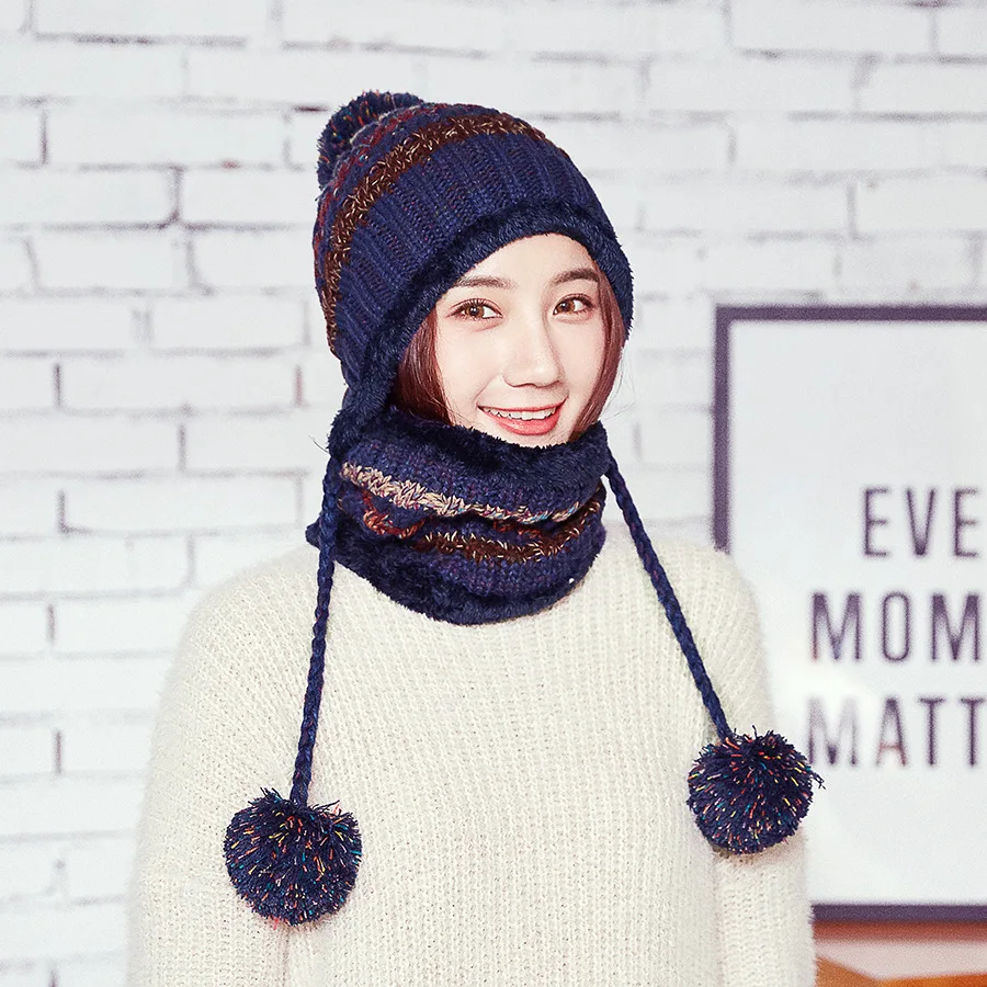 

Knitted Hat Colorful Fried Dough Twists Three Ball Ear Protection Wool Cap Bib Kit Winter Outdoor Warm Windproof two-piece Hats