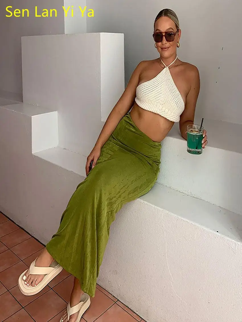 

Sen Lan Yi Ya2023 Autumn Vintage Skirts For Women Streetwear High Waisted Straight Skirt Slim All-Match Green Elastic Midi Skirt