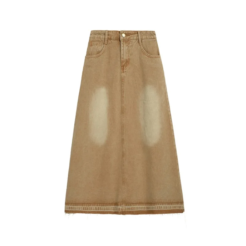 

Retro Light Brown High Waist Women's Denim Long Skirt Spring Autumn New Street Style Female A-line Loose Ankle-length Skirt