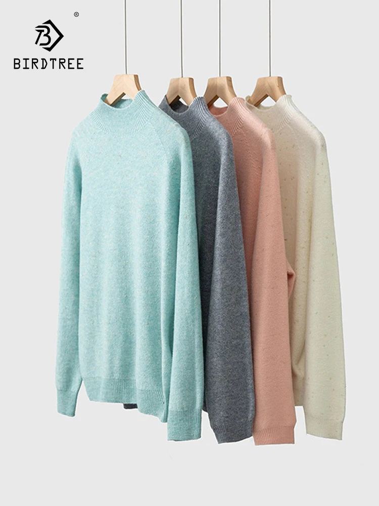 

Birdtree 100%Sheep Wool Gentle Knit High End Sweater Warm Autumn Winter Half High Neck Loose Versatile Pullover Sweater T3N384QC