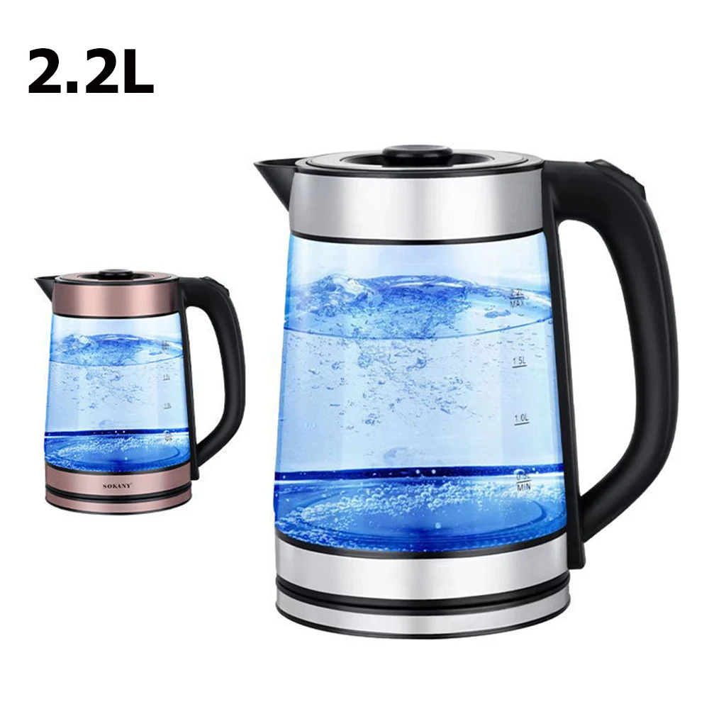2.2L Electric Kettle Blue Light Glass Body Coffee Tea Maker Temperature