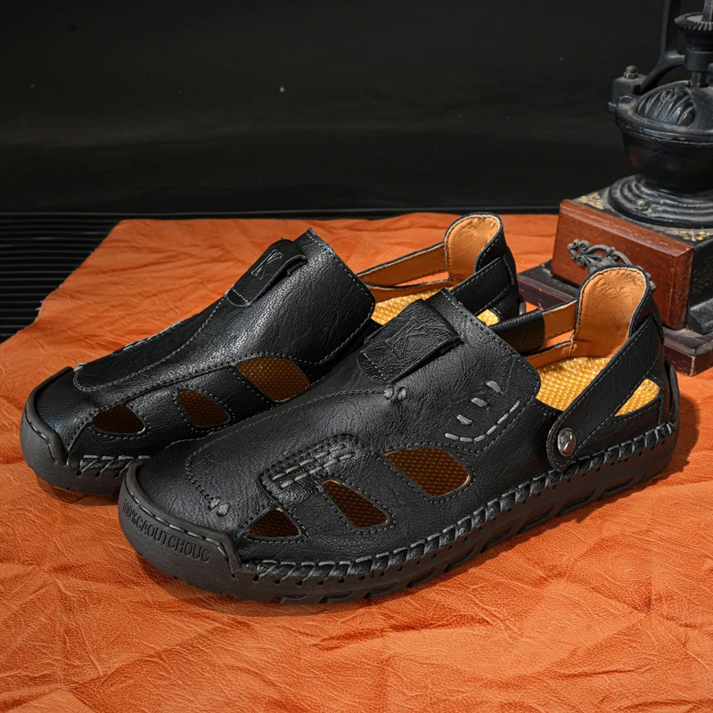 Men handmade leather flat sandals Fashion Suitable for Beach Vacation Summer Brown Non-slip