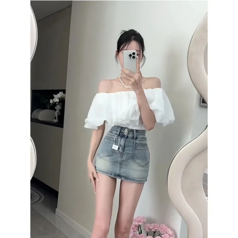 여성 오프숄더 프릴 엣지 미니 원피스, 슬림해 보이는 데님, 세트 오프숄더 상의, 섹시 디자인, 2024 여름 신상