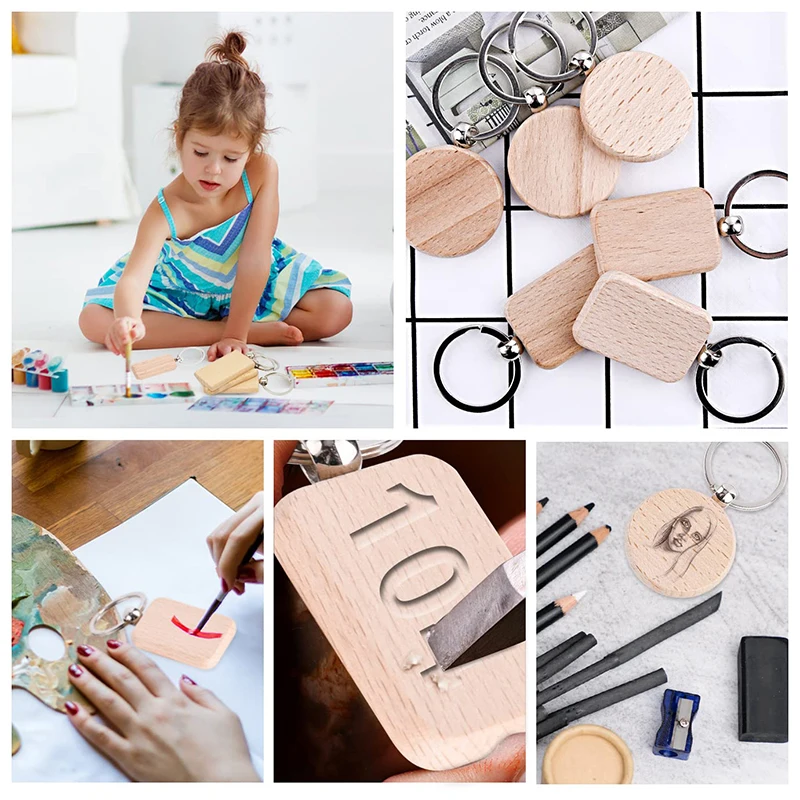 20Pcs Blank Wooden Key Chains Rectangle Wood Key Chain Tags to Paint