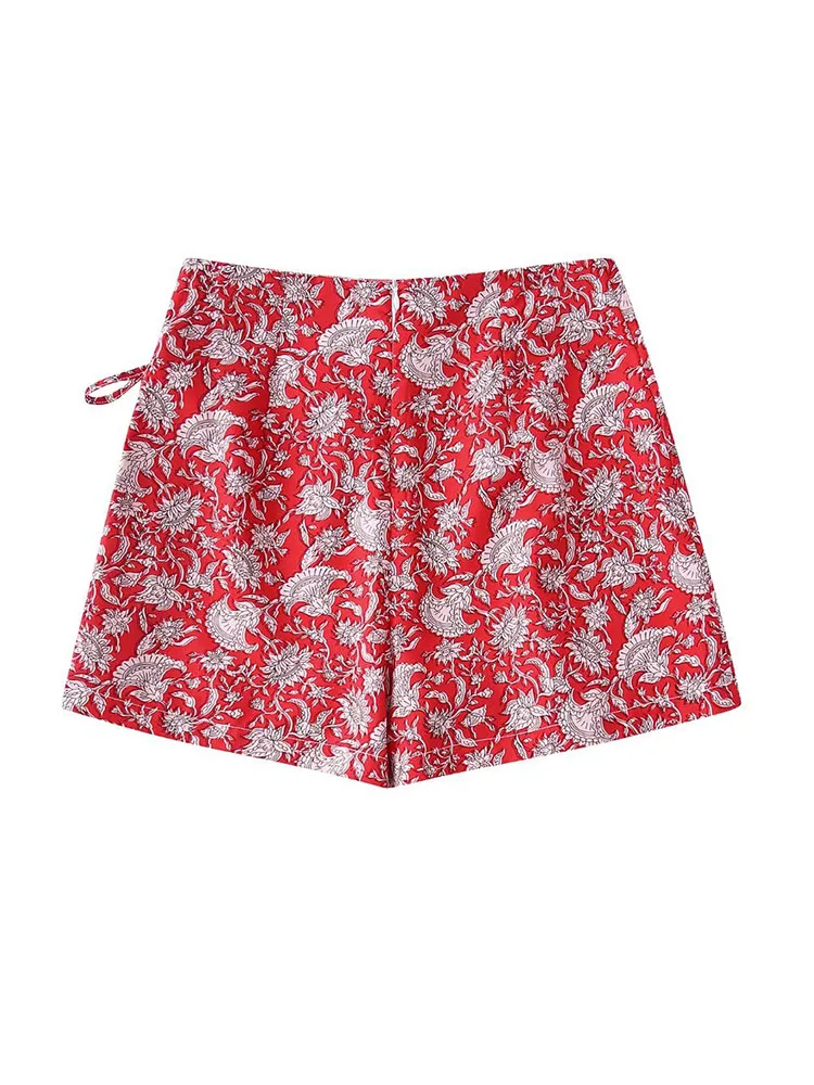 XEASY Boho Vintage Printed Shorts 2022 Summer Fashion Beach Casual Vacation Hakama Women Lace Up Chic Pants