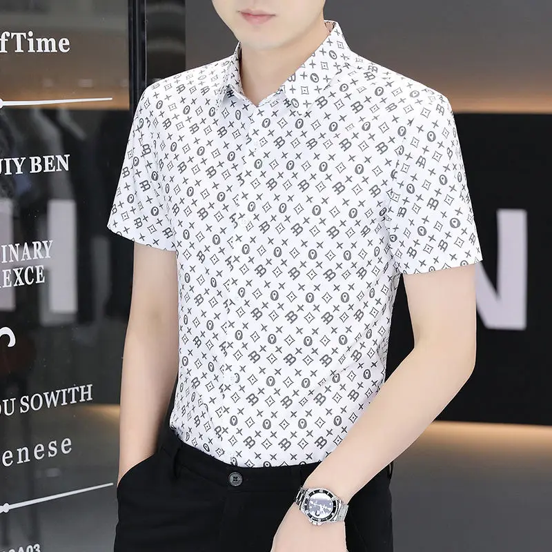 Business Casual Men Shirts Summer New Lapel Ice Silk Wave Printing Button Streetwear Fashion Office Social Short Sleeve Tops 2