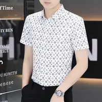 Business Casual Men Shirts Summer New Lapel Ice Silk Wave Printing Button Streetwear Fashion Office Social Short Sleeve Tops 2