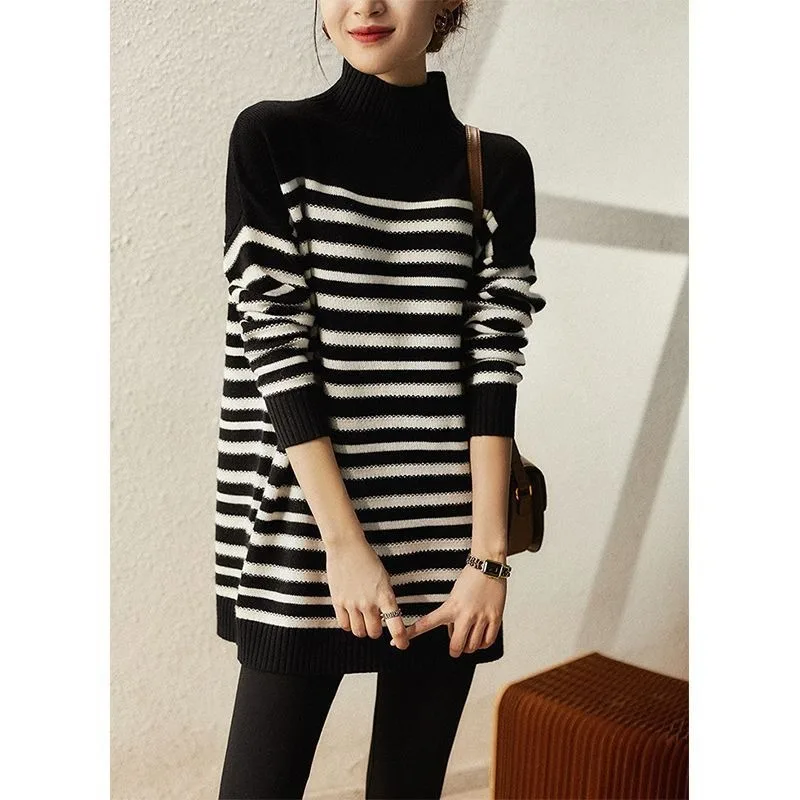 

Fashion Women Sweaters Autumn Winter New LOOSE Mock Neck Pullovers Korean Long Sleeve Warm Knitwear Oversized Jumpers Female Top