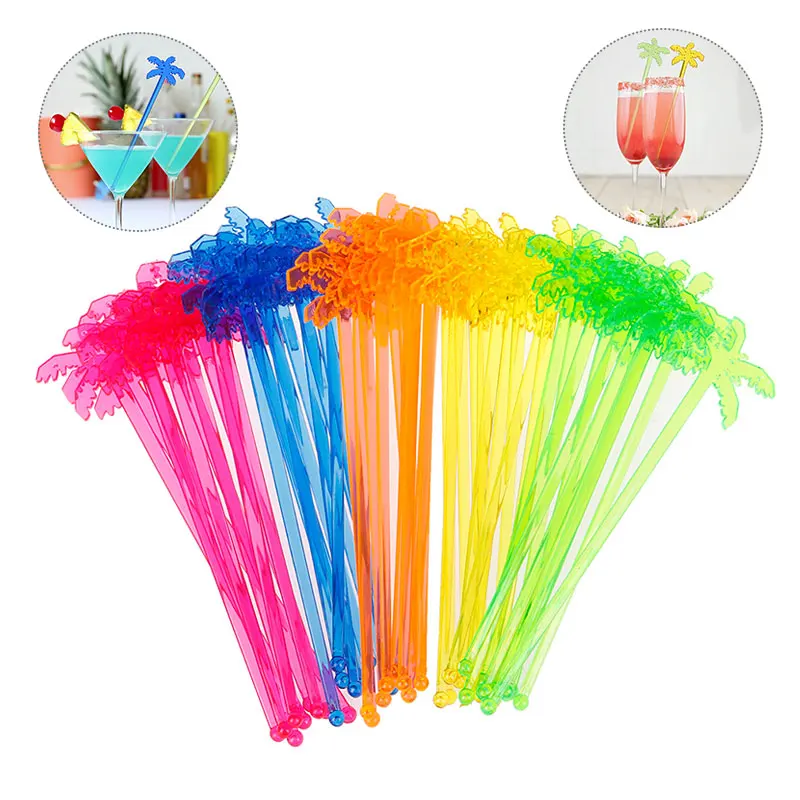 Cocktail Swizzle Sticks 50pcs Plastic Night-club Drink/wine Decor Coconut Tree Cocktail Swizzle Sticks Drink Stirrer Coffee Muddler Puddler
