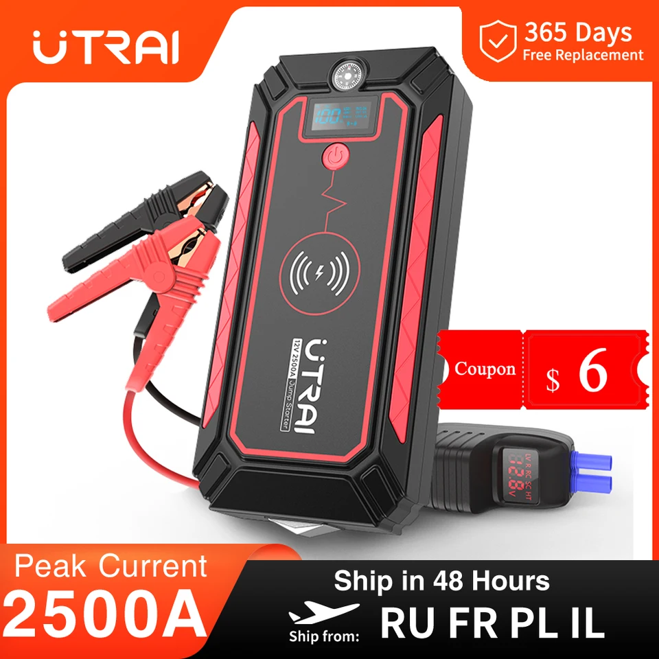 UTRAI 2500A Car Battery Starter Portable Power Bank 10W Wireless Charger  LED Light Safety Hammer Car Jump Starter - AliExpress