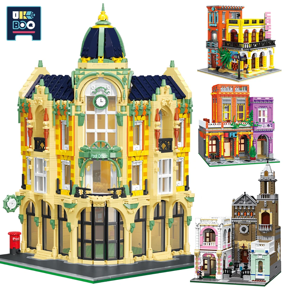 

Mini Creative City Street View Architecture Building Blocks Coffee Shop Restaurant Post Office House Bricks Toys for Children