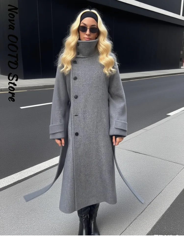 أنيقة الصلبة حزام طويل معطف الصوف المرأة واحدة الص...