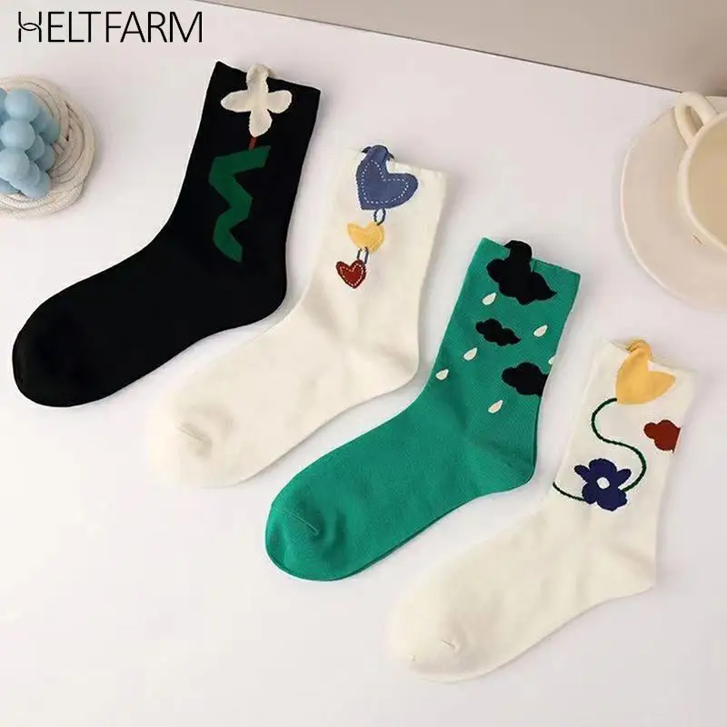 Chaussettes fines en coton avec cœur brodé pour femmes et filles, tube moyen, style Harajuku, mode estivale, 1 paire