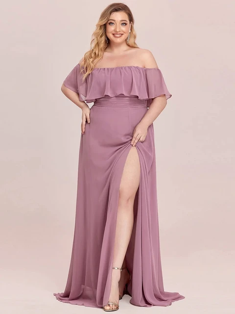 Plus Size Evening Dresses Off The Shoulder Bridesmaid 2022 Ever Pretty fo Long Lace Sleeve Elegant Prom Dress for Women EP00968 Orchid