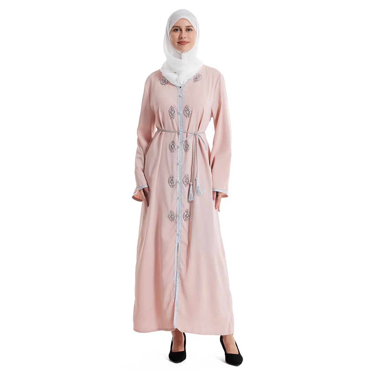 

Women Eid Muslim Abaya Arab Dubai V Neck Cardigan Solid Diamonds Long Robe Gorgeous Kaftan Islam Abayas Morocco Ramadan