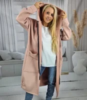 Plus Size Women Fashion Autumn Winter  Long Overcoats Office Lady Zip Up Drawstring Fleece Hooded Loose Fit Casual Sweatshirt