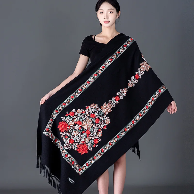 2023 New Women Embroidery Cashmere Scarf Winter Pashmina Blanket Shawl Lady Warm Shawls National Fringed Foulard Wraps