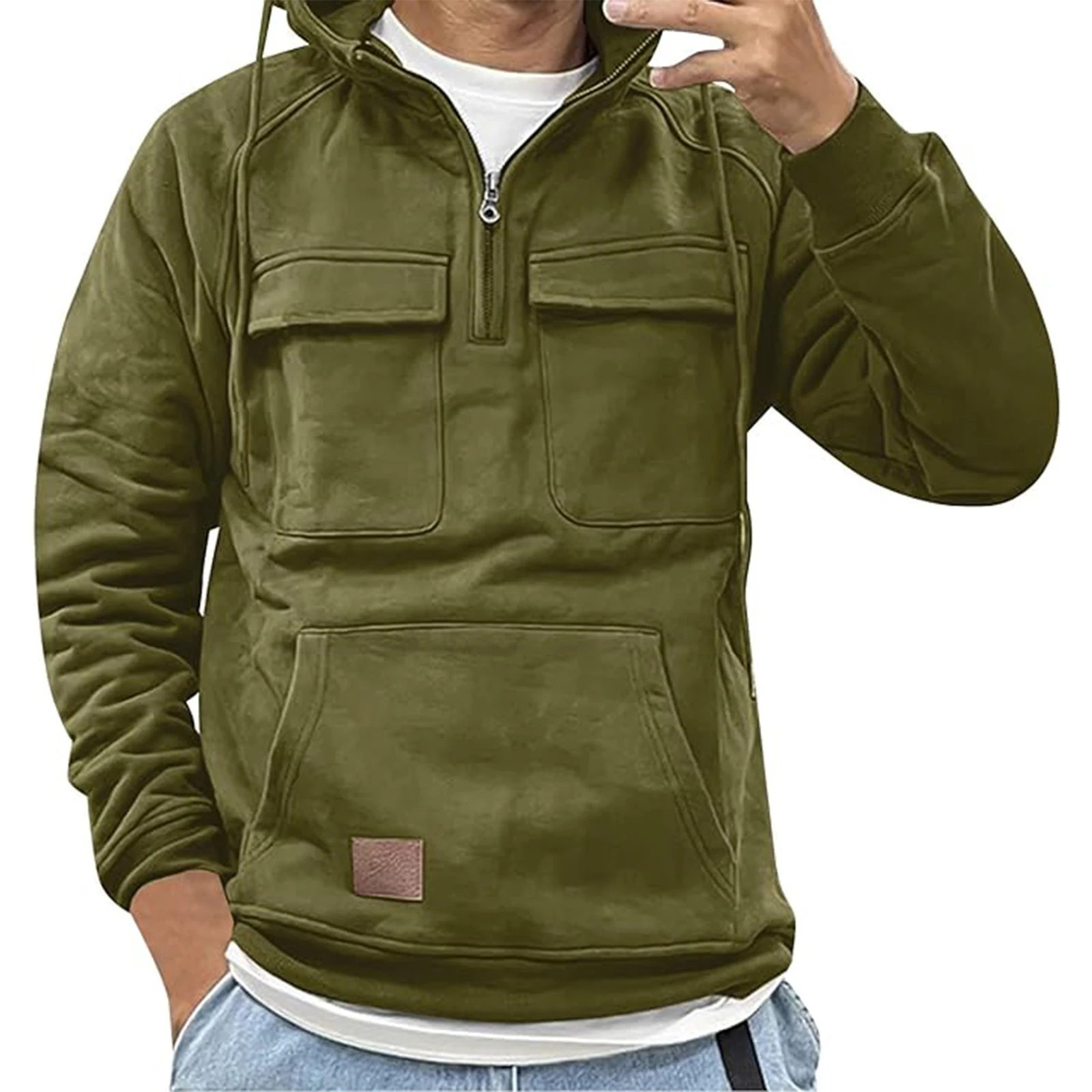

Autumn and Winter New Men's Hooded Sweatshirts Solid Color Multi-pocket Zip Hood Pullover Long Sleeve Loose Hoodies Sweatshirts