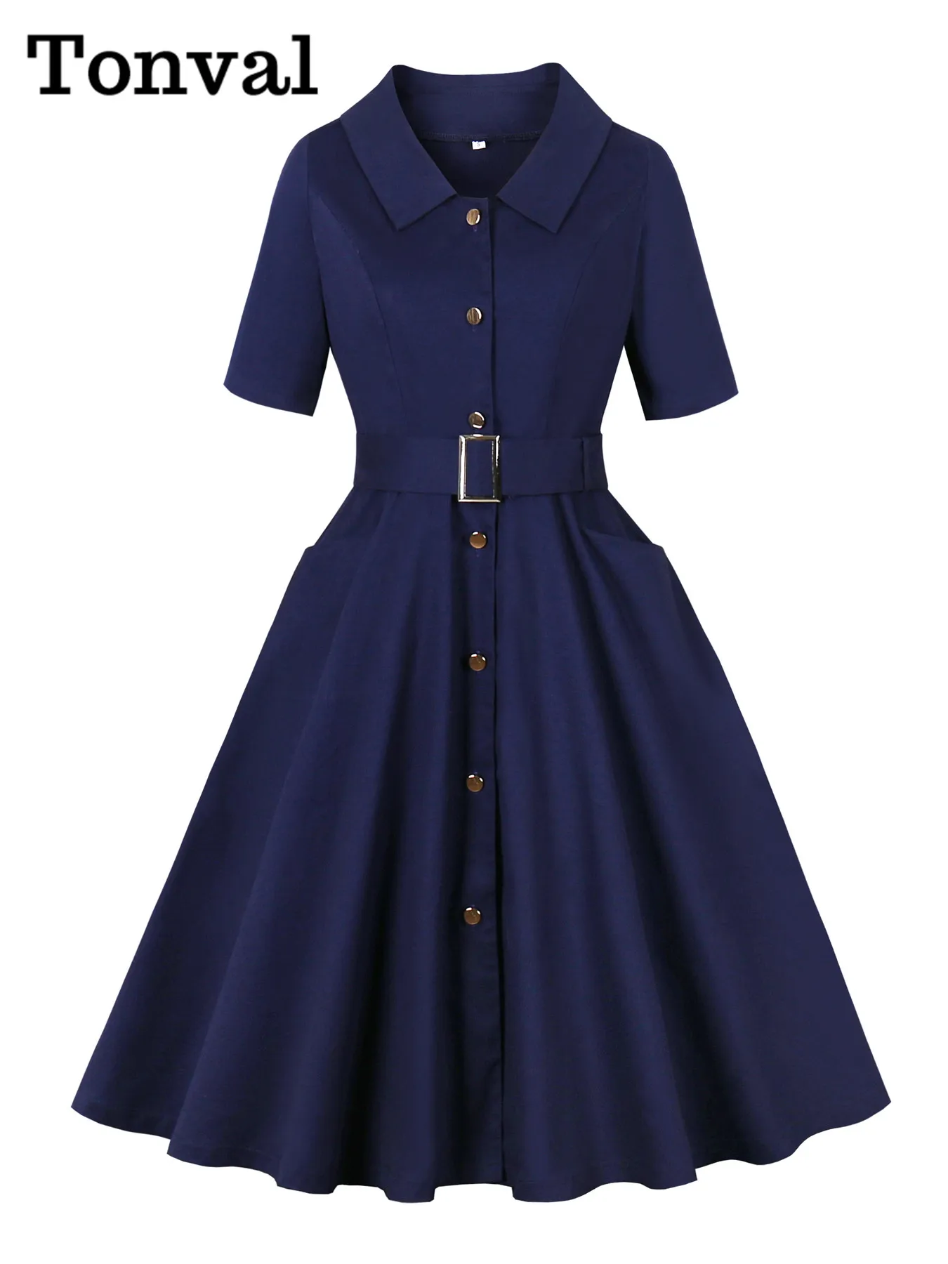 Tonval Navy Blue Single Breasted Belted Elegant Midi Dresses Half Sleeve Autumn Women 1950s Vintage Clothing Pockets Solid Dress 1