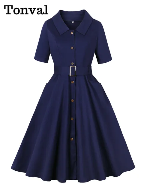 Tonval Navy Blue Single Breasted Belted Elegant Midi Dresses Half Sleeve Autumn Women 1950s Vintage Clothing Pockets Solid Dress 1