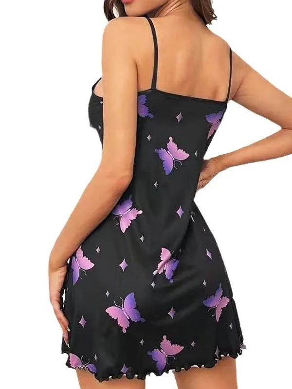 2024 Summer Sexy Milk Silk Sleepwear Gradient Butterfly Sweet Strap Sleeping Dress Elegant Sweet Fashion Women Tops IZY7 5