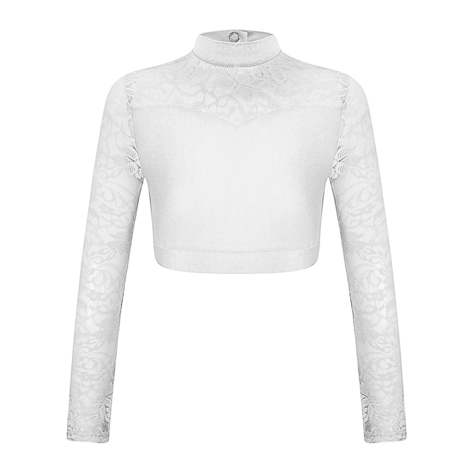 Kids Girls Sheer Floral Lace Gymnastics Dance Crop Top Patchwork Mock Neck Long Sleeve Cutout Back T-Shirt Top Stage Performance