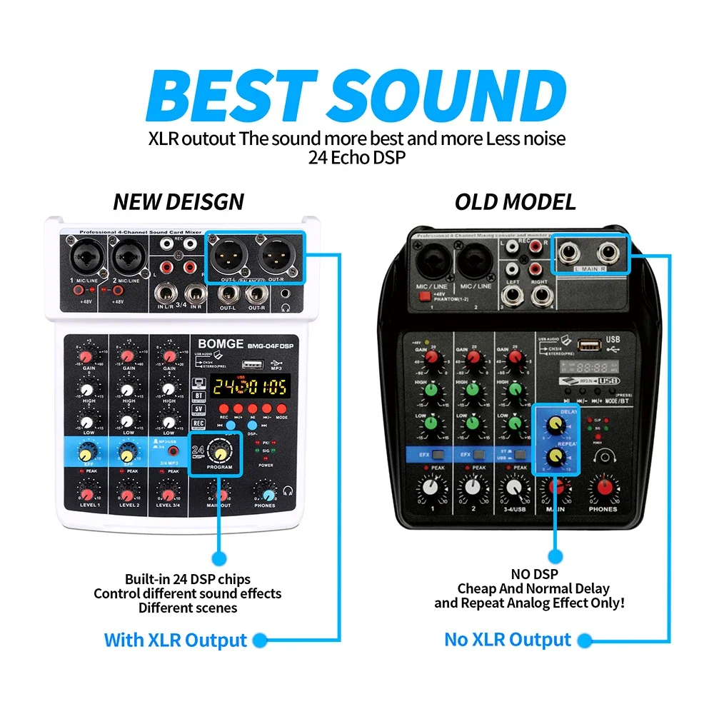 Audio Sound Mixer 4 Channel Dj Mixing Console Sound Card With Monitor 24 Echo DSP 48V Phantom Power For PC Record Karaoke Party audio mixer
