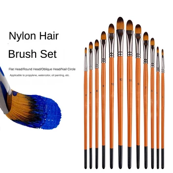 12 Pcs Two-color Nylon Hair Paint  Brush Set Orange Short Wooden Rod Student Art Oil Painting Watercolor Pen Drawing Supply 1