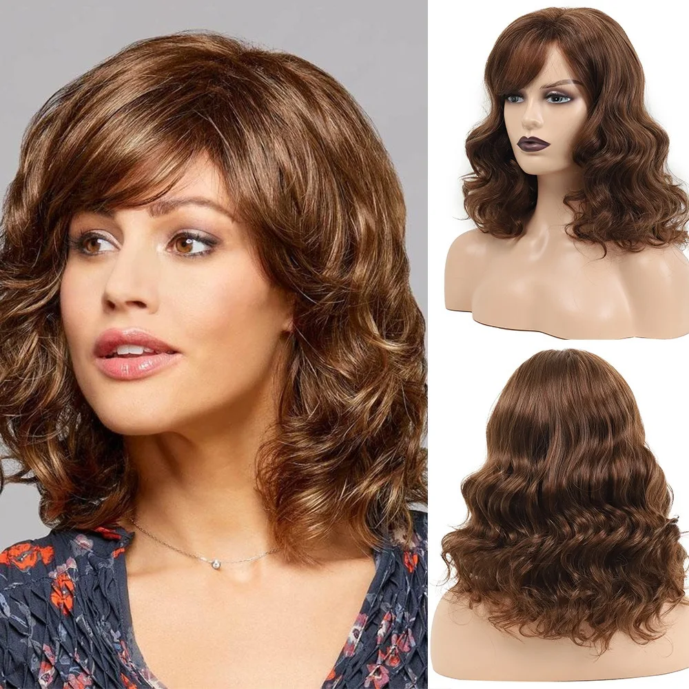 

Brown Wavy Wigs for White Women Medium Length Curly Brown Wigs Natural Looking Side Part Synthetic Hair Womens Wigs with bangs