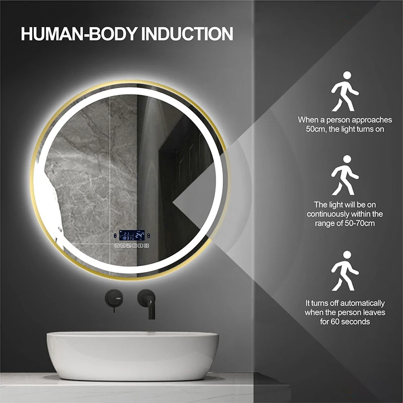 Gold Border Round LED Smart Bathroom Mirror With Bluetooth Body Induction Defogging 3 Color Light Multifunctional Makeup mirrors