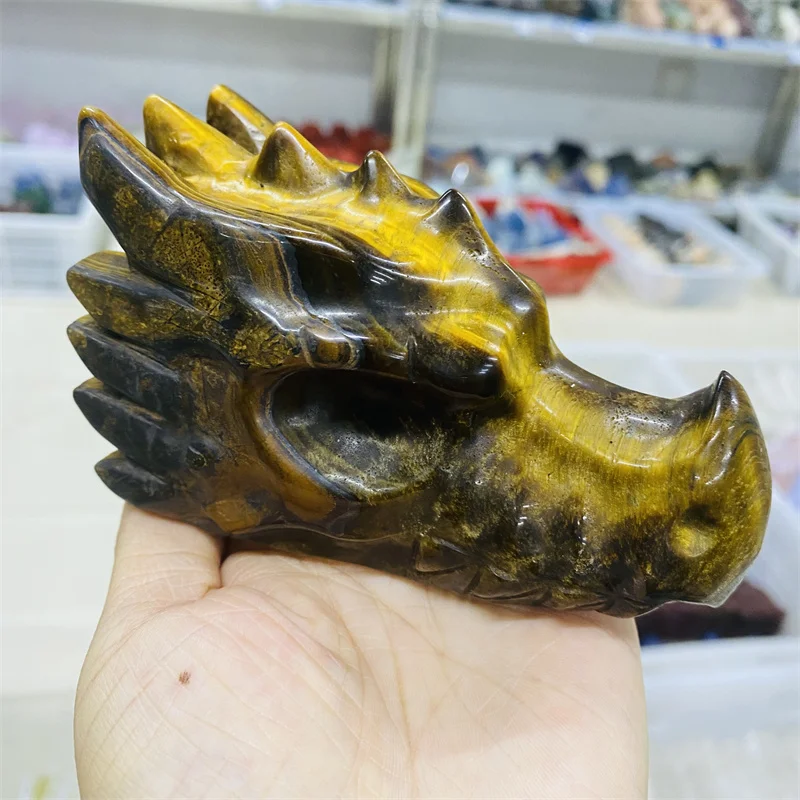 

Natural Tiger's Eye Stone Carving Polished Dragon Head Agate Stone Dragon Head Bone Crystal Mineral Reiki Healing Home