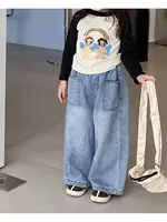 Spring and Autumn Children's Pocket Wide Leg Jeans Contrast Loose Relaxed Pants for Boys and Girls Jeans Baby Kids Trousers 2-9Y 2