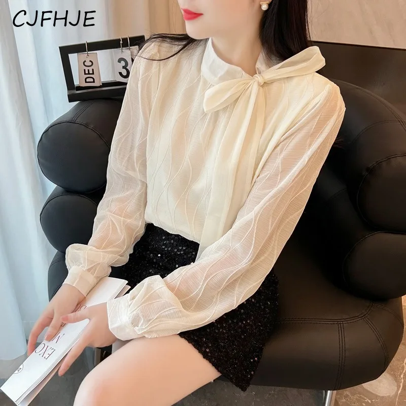 CJFHJE Spring New French Women's Bow Tied Chiffon Shirt Korean Elegant Ladies Long Sleeved Bubble Sleeves Solid Color Shirt Top