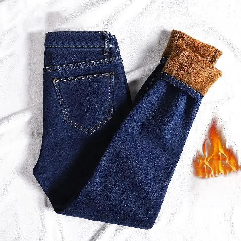 

Thick Cowboy Leggings Pencil Pants Zipper Button Slim Stretch Vintage Denim Trousers Autumn Winter High Waist Women Jeans
