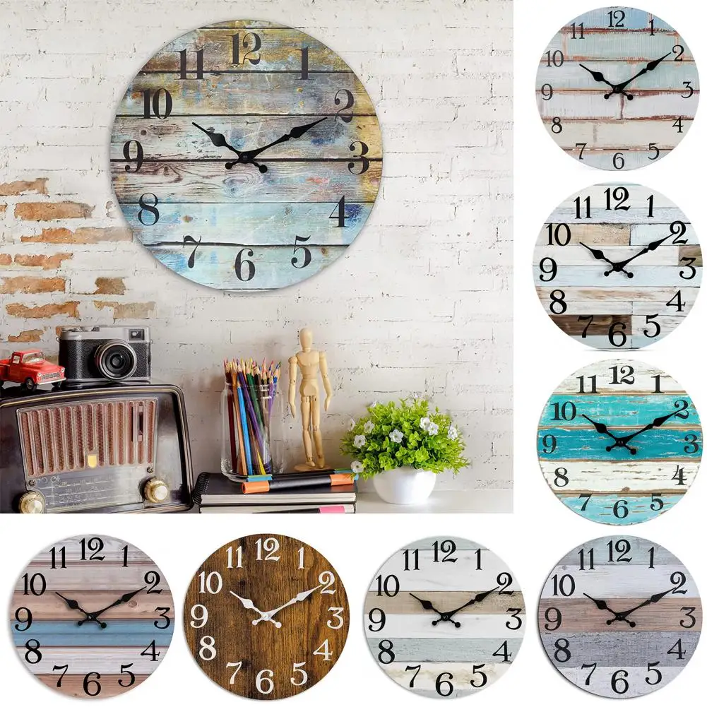10-inch Round Analog Wooden Wall Clock Rustic Vintage Silent Non Ticking Alarm for Room