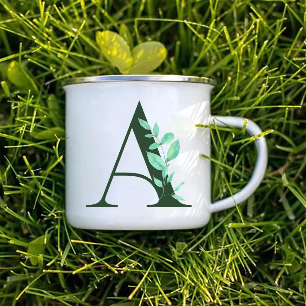 

Эмалированная чашка с ручкой, акварельная кружка с зелеными листьями и алфавитом, кружки для кемпинга, кофе, чая, праздничный день рождения, Лучшие оригинальные и забавные подарки