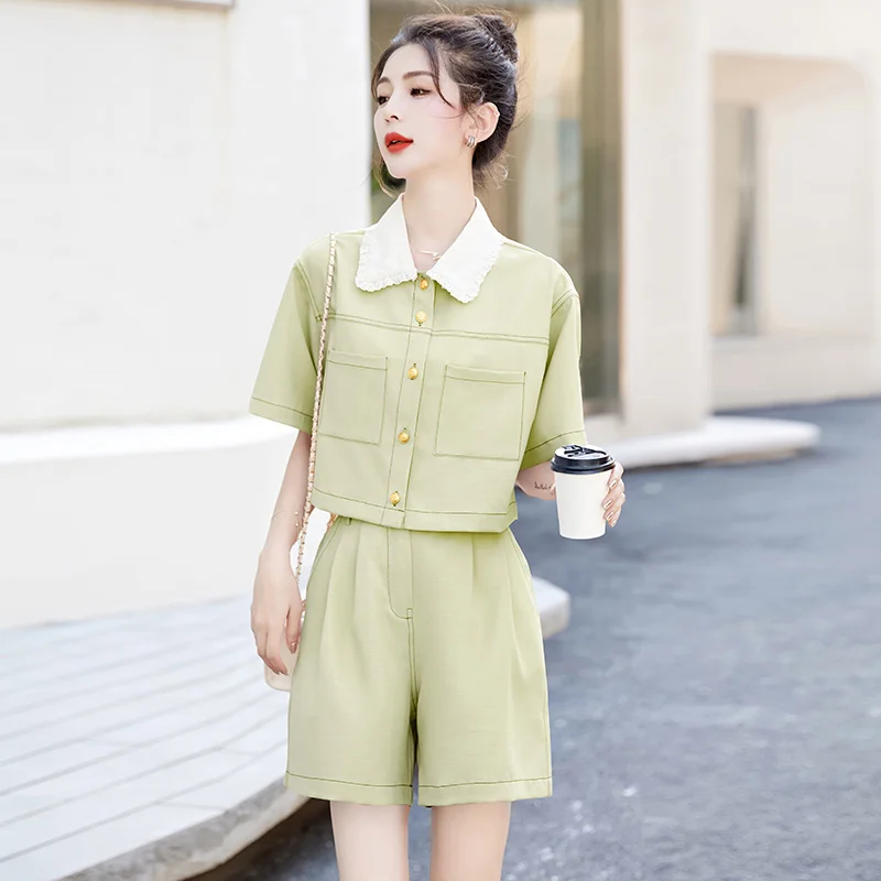 

High Street Temperament Two Piece Set Fashion Lapel Crop Top + Wide-Legged Shorts French Elegant Suit Women Summer Outfit