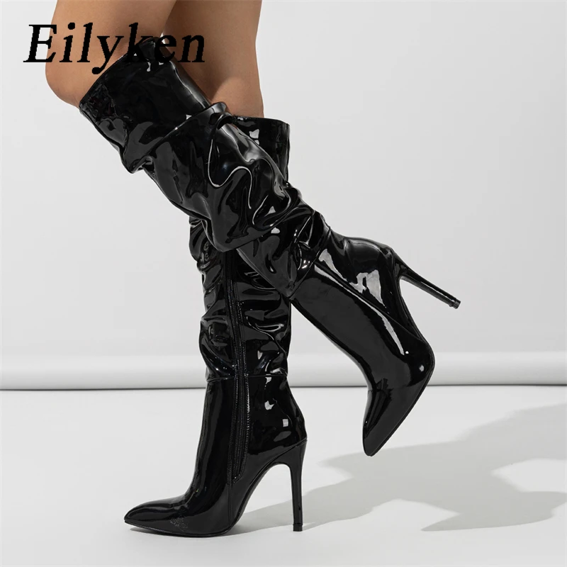 

Eilyken Fashion Patent Leather Women Knee High Boots Sexy Pointed Toe Thin Heels Zipper Ladies Long Female Shoes Zapatos Mujer