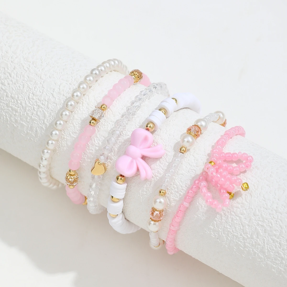 6Pcs/Set European and American Cute Pearl Love Beaded Bow Bracelets Set For Women Simple Design Sweet Jewelry Gifts - 2