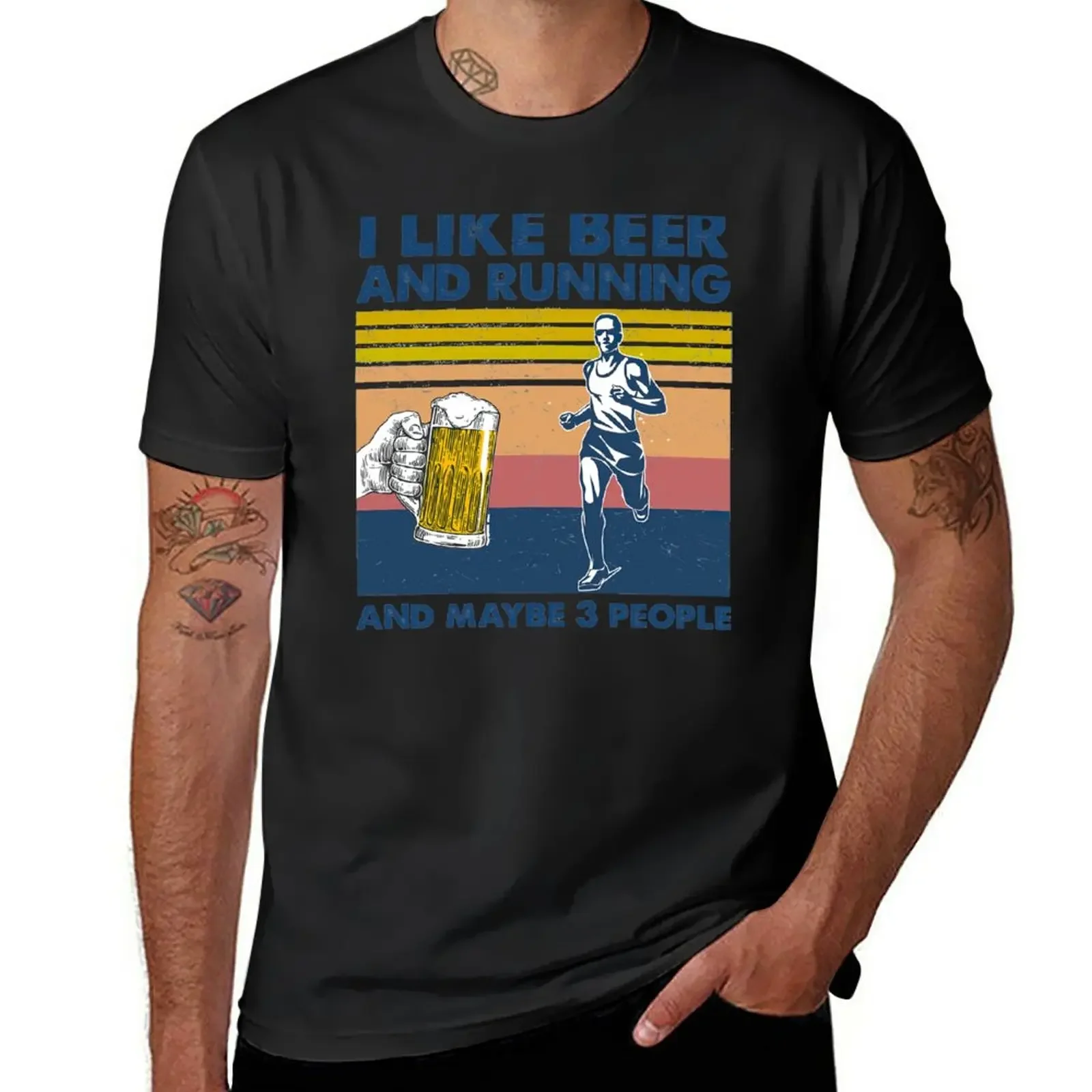 

Vintage I like beer and running and maybe 3 people T-Shirt quick-drying oversized graphics sweat plain black t shirts men