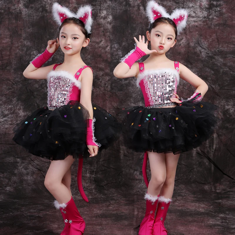 

Sequins Cat Cosplay Halloween Costume Dance Wear Girls Contemporary Dance Costumes Kids Stage Clothes Modern Dance Costumes