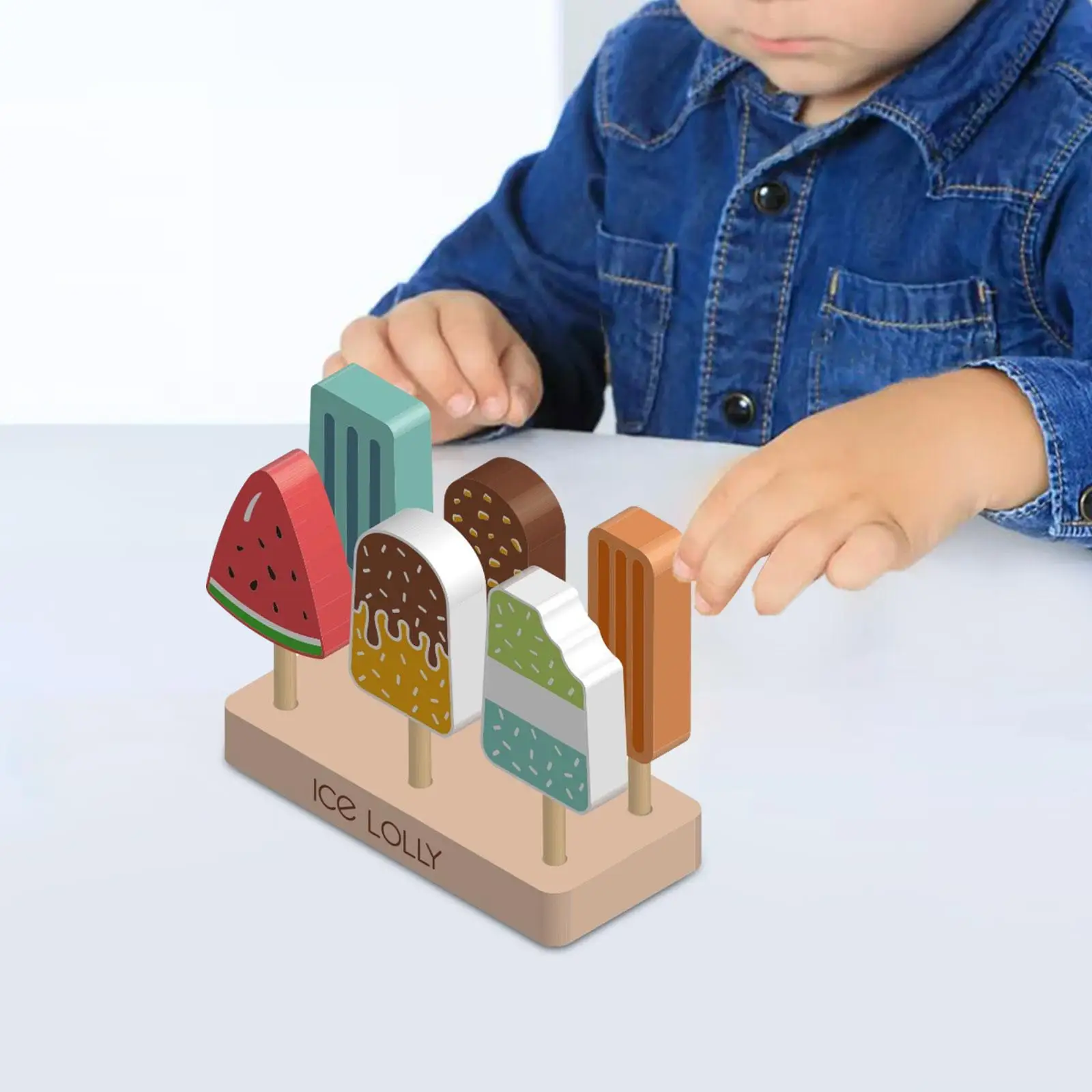 Wooden Ice Cream Set with Wooden Stand Montessori Kitchen Toy Pretend Play for Preschool Children Ages 2 3 4 Holiday Gifts Kids