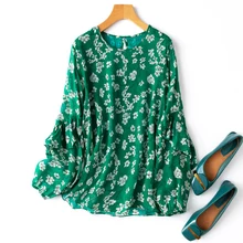 

Natural Silk 2022 New Spring Summer Print Long Sleeve Shirt Women O-Neck Lantern Sleeve Thin Women Shirts Blouses Green