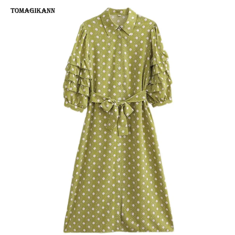 

Women Long Dress Polka Dot Print Layered Puff Sleeve Sashes Dresses Vintage Spring Lady Casual Vacation Vestido Mujer