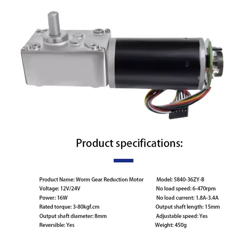 5840-36ZY Worm Gear DC Reduction Brush Motor 12v24v High Torque 6-470rpm MAX-Torque 100KG Right Angle Motor with Encoder CW/CCW image 4