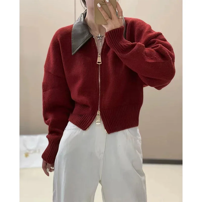 

Korean Style Female Sweater Long Sleeve Pu Leather Turn-down Collar Patchwork Double Zipper Fly Women's Knitted Jacket Lady Coat