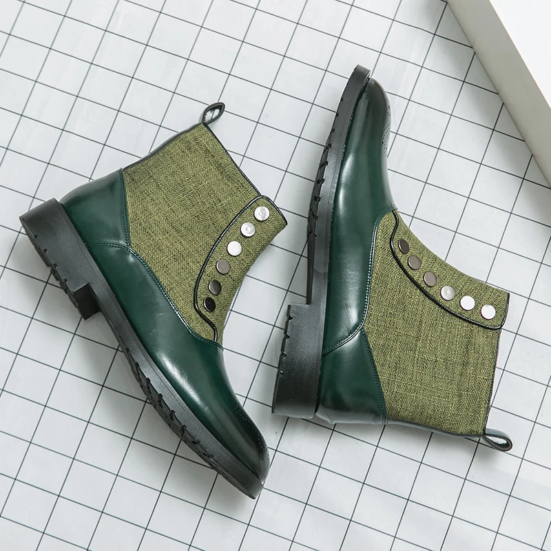 

Trendy green cloth panel Chelsea boots Men's short boots Pointed leather shoes Versatile Casual Boots Daily Party Dress Shoes